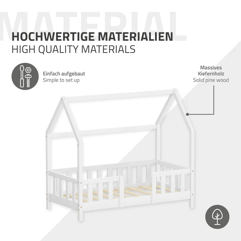 Kinderbett Hausbett 70x140 cm Weiß aus Kiefernholz inkl. Matratze H-10cm Rausfallschutz Dach und Lattenrost ML-Design