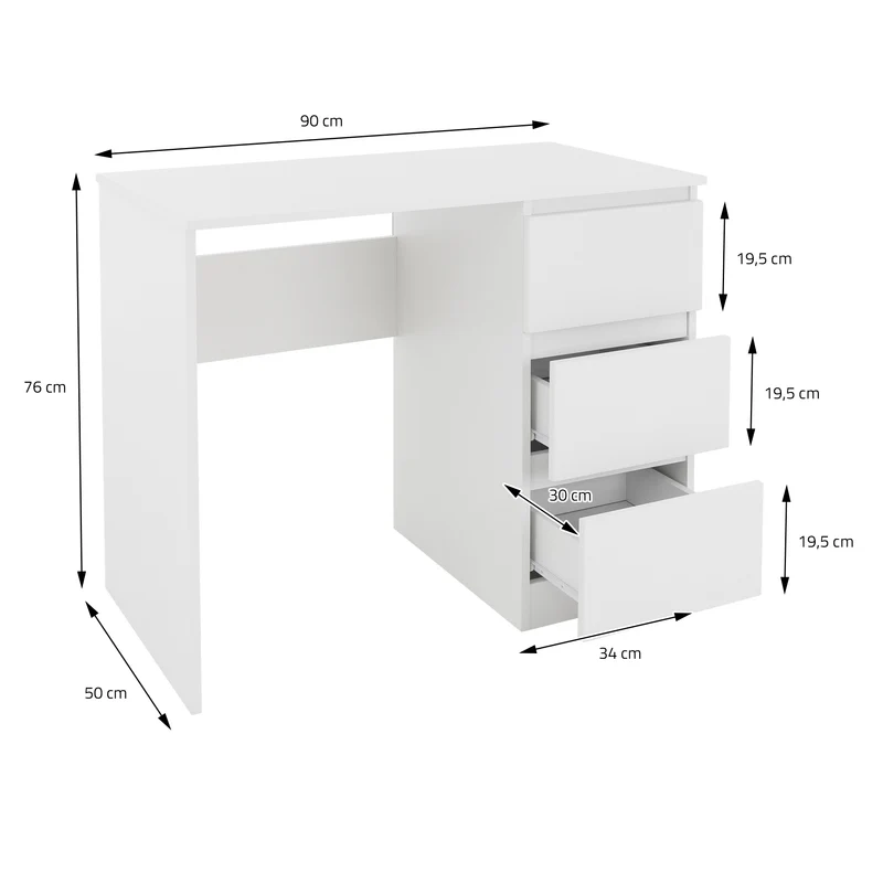 Schreibtisch mit drei Schubladen 90x76x50 cm Weiß aus Holz ML-Design
