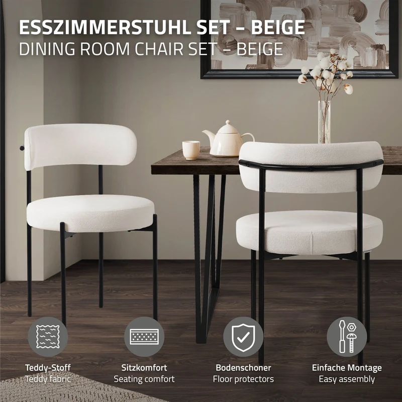 Esszimmerstuhl 6er Set mit Teddystoff mit Rückenlehne Weiß Küchenstuhl ML-Design