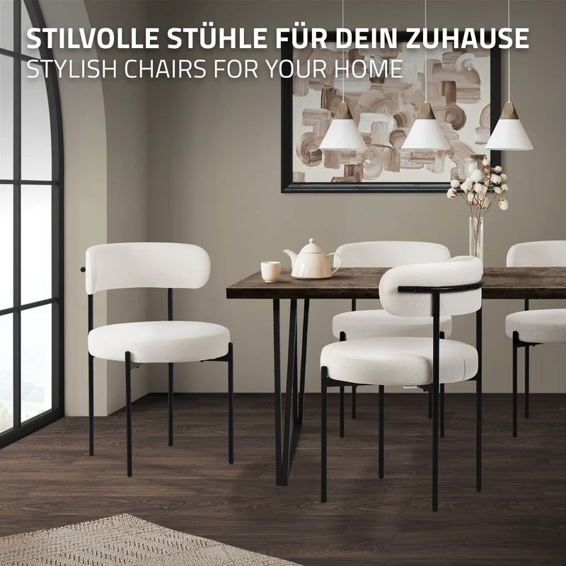 Esszimmerstuhl 6er Set mit Teddystoff mit Rückenlehne Weiß Küchenstuhl ML-Design