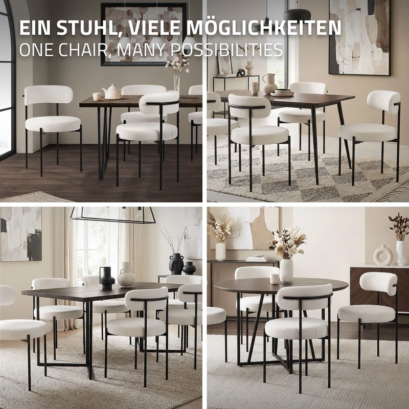Esszimmerstuhl 6er Set mit Teddystoff mit Rückenlehne Weiß Küchenstuhl ML-Design