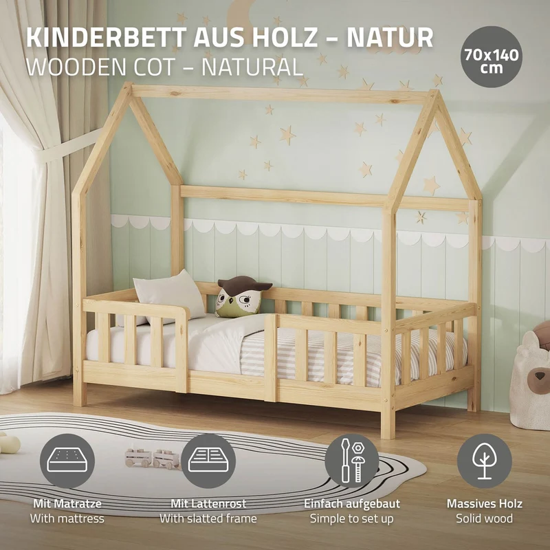 Kinderbett Hausbett 70x140 cm Natur aus Kiefernholz inkl. Matratze H-10cm Rausfallschutz Dach und Lattenrost ML-Design