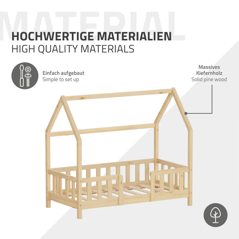 Kinderbett Hausbett 70x140 cm Natur aus Kiefernholz inkl. Matratze H-10cm Rausfallschutz Dach und Lattenrost ML-Design