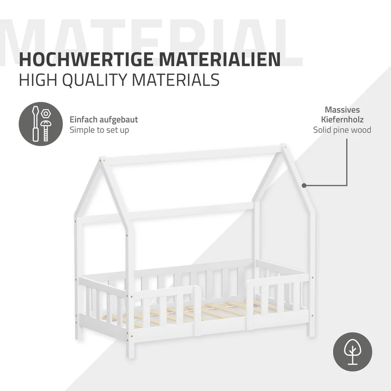 Kinderbett Hausbett 70x140 cm aus Kiefernholz Weiß mit Rausfallschutz Dach und Lattenrost Holzbett ML-Design