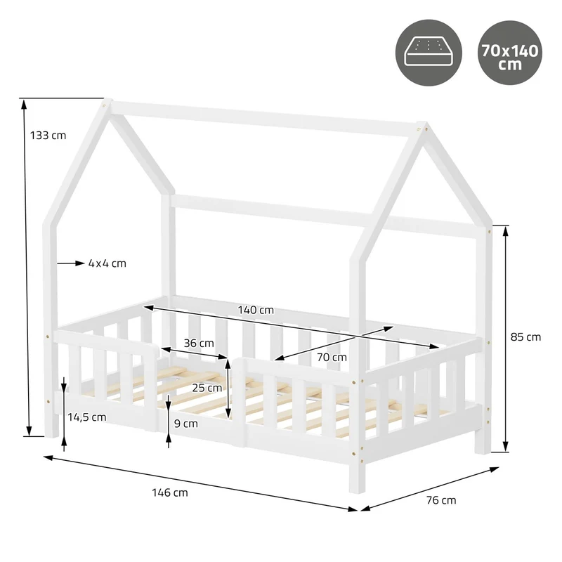 Kinderbett Hausbett 70x140 cm aus Kiefernholz Weiß mit Rausfallschutz Dach und Lattenrost Holzbett ML-Design
