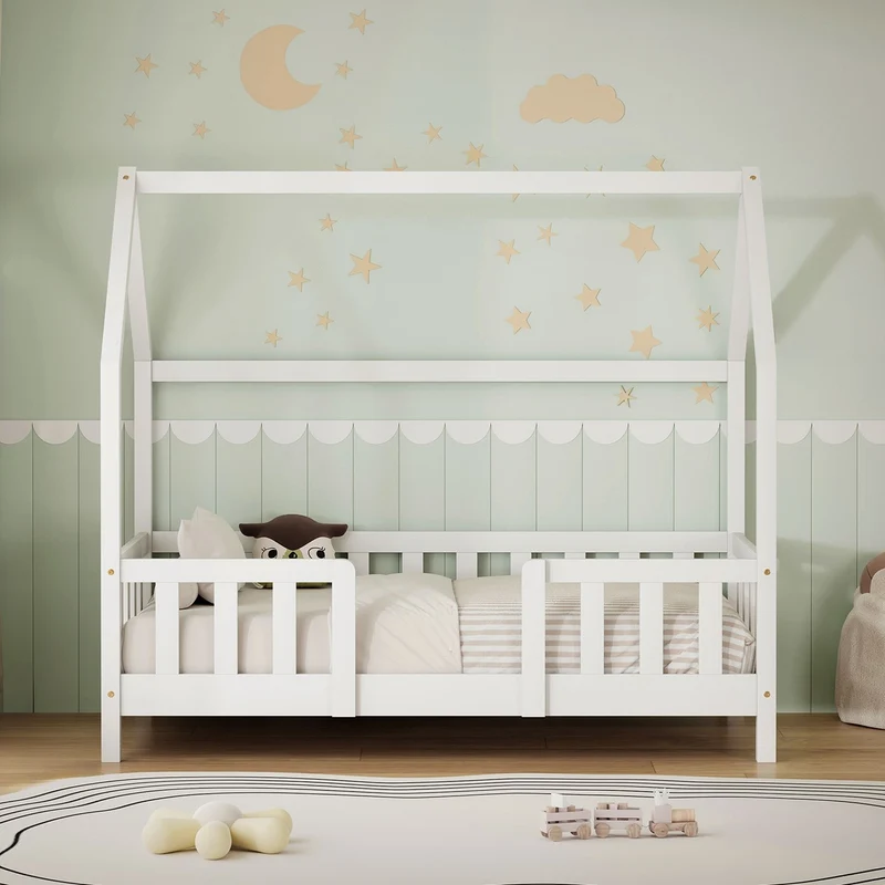 Kinderbett Hausbett 70x140 cm aus Kiefernholz Weiß mit Rausfallschutz Dach und Lattenrost Holzbett ML-Design
