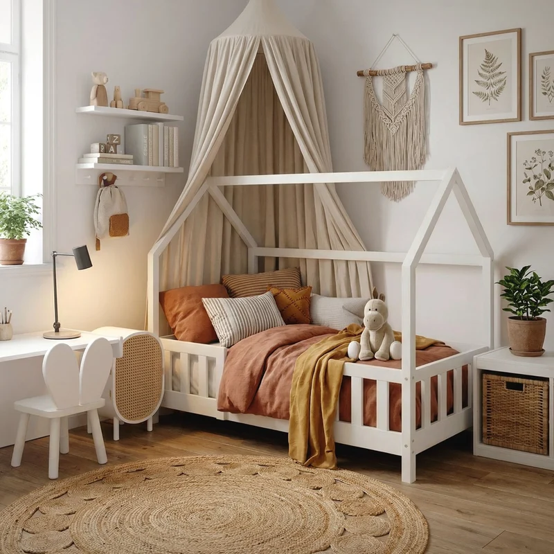 Kinderbett Hausbett 70x140 cm aus Kiefernholz Weiß mit Rausfallschutz Dach und Lattenrost Holzbett ML-Design