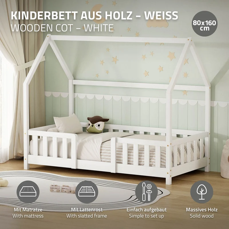 Kinderbett Hausbett 80x160 cm Weiß aus Kiefernholz inkl. Matratze H-10cm Rausfallschutz Dach und Lattenrost ML-Design