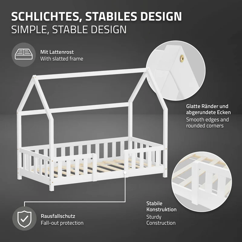 Kinderbett Hausbett 80x160 cm Weiß aus Kiefernholz inkl. Matratze H-10cm Rausfallschutz Dach und Lattenrost ML-Design