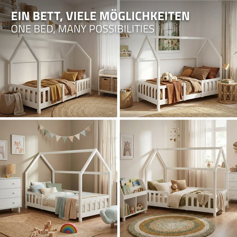Kinderbett Hausbett 80x160 cm Weiß aus Kiefernholz inkl. Matratze H-10cm Rausfallschutz Dach und Lattenrost ML-Design