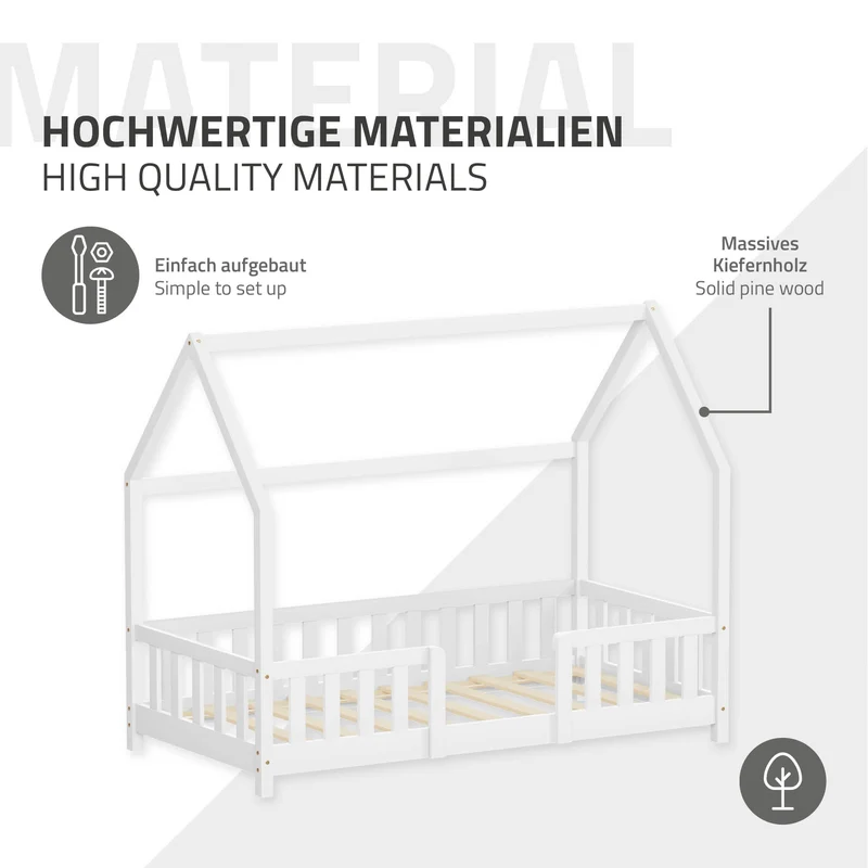 Kinderbett Hausbett 80x160 cm Weiß aus Kiefernholz inkl. Matratze H-10cm Rausfallschutz Dach und Lattenrost ML-Design