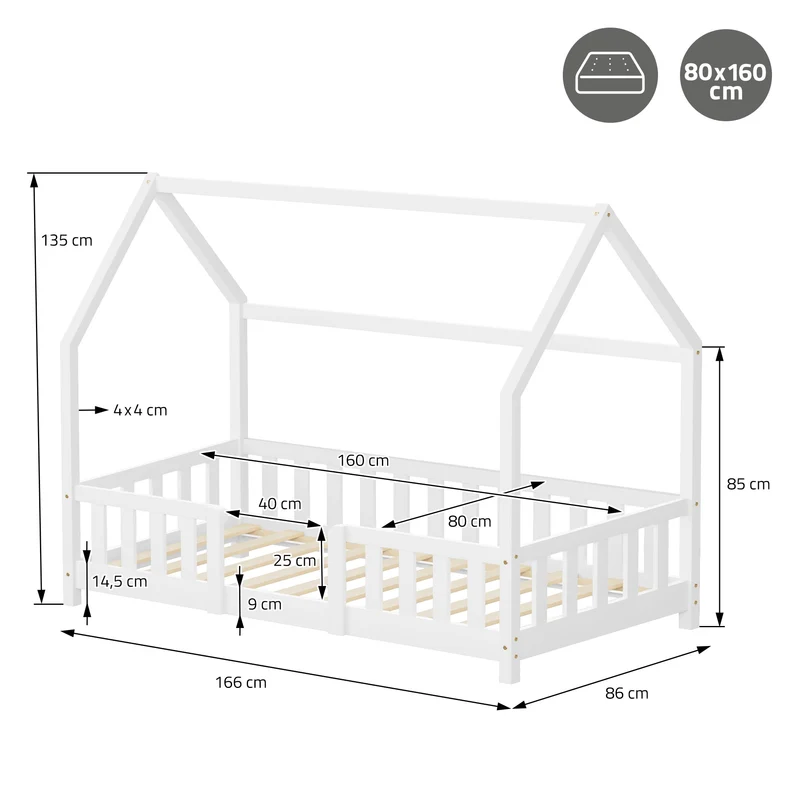 Kinderbett Hausbett 80x160 cm Weiß aus Kiefernholz inkl. Matratze H-10cm Rausfallschutz Dach und Lattenrost ML-Design