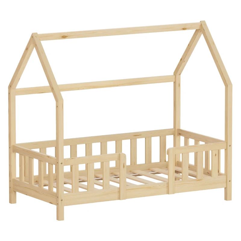 Kinderbett Hausbett 70x140 cm aus Kiefernholz Natur mit Rausfallschutz Dach und Lattenrost Holzbett ML-Design
