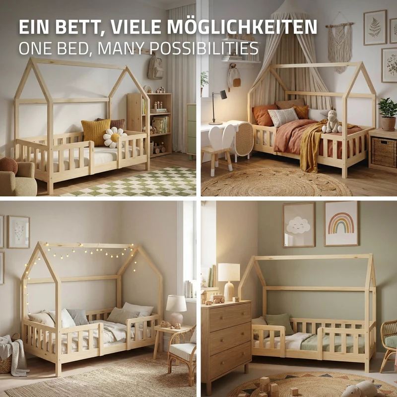 Kinderbett Hausbett 70x140 cm aus Kiefernholz Natur mit Rausfallschutz Dach und Lattenrost Holzbett ML-Design