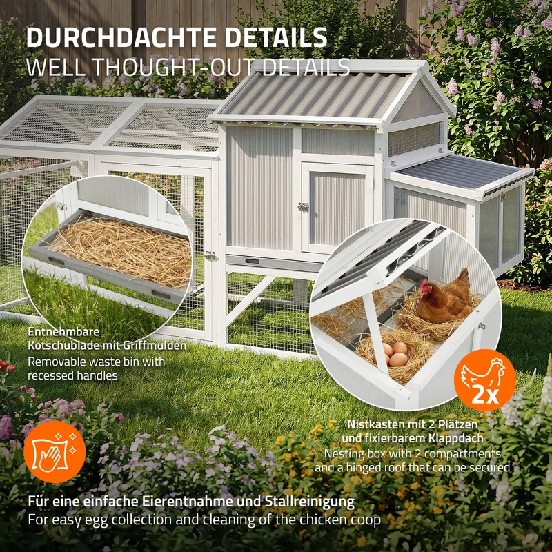 Mobiler Hühnerstall mit Auslauf & Rollen, Großes Hühnerhaus winterfest aus Massivholz XXL 83x220x109 cm Geflügelstall mit Freilaufgehege & Nistkasten