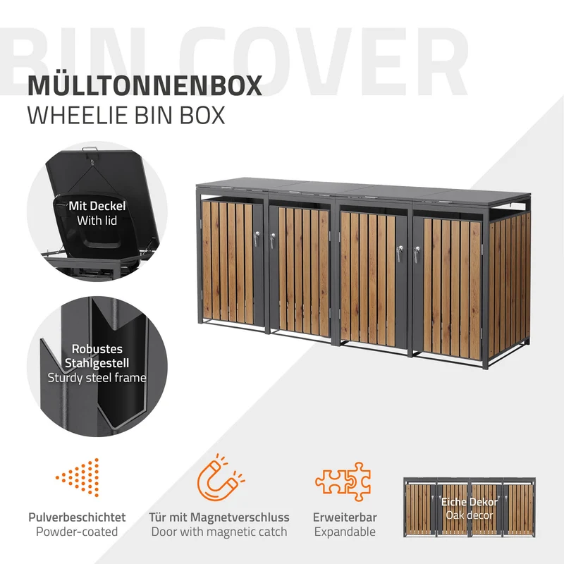 Mülltonnenbox 4er bis 240L 264x80x120 cm aus Stahl in Eichenoptik ML-Design