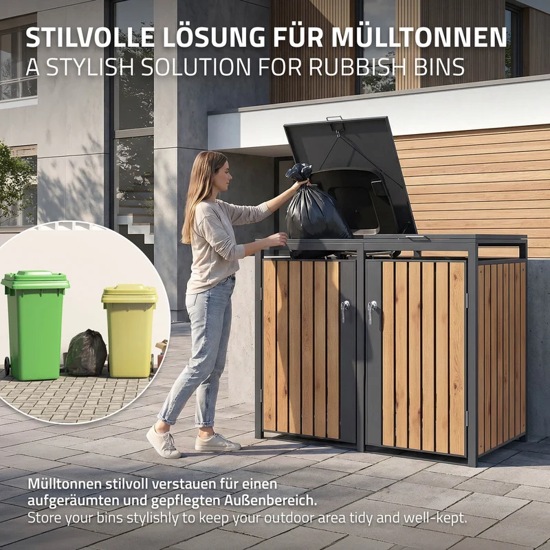 Mülltonnenbox 4er bis 240L 264x80x120 cm aus Stahl in Eichenoptik ML-Design