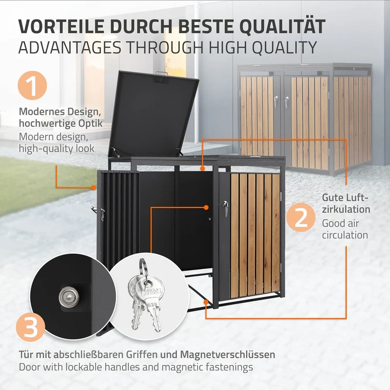 Mülltonnenbox 3er bis 240L 200x80x120 cm aus Stahl in Eichenoptik ML-Design
