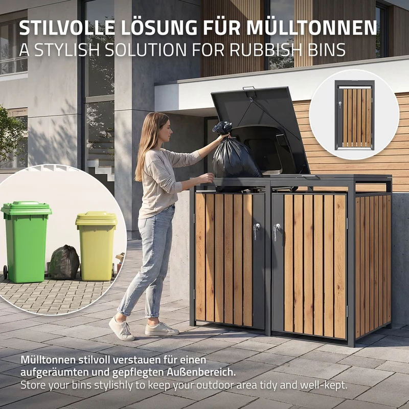 Mülltonnenbox 3er bis 240L 200x80x120 cm aus Stahl in Eichenoptik ML-Design