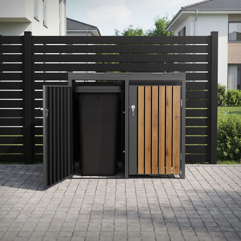 Mülltonnenbox 2er bis 240L 132x80x120 cm aus Stahl in Eichenoptik ML-Design
