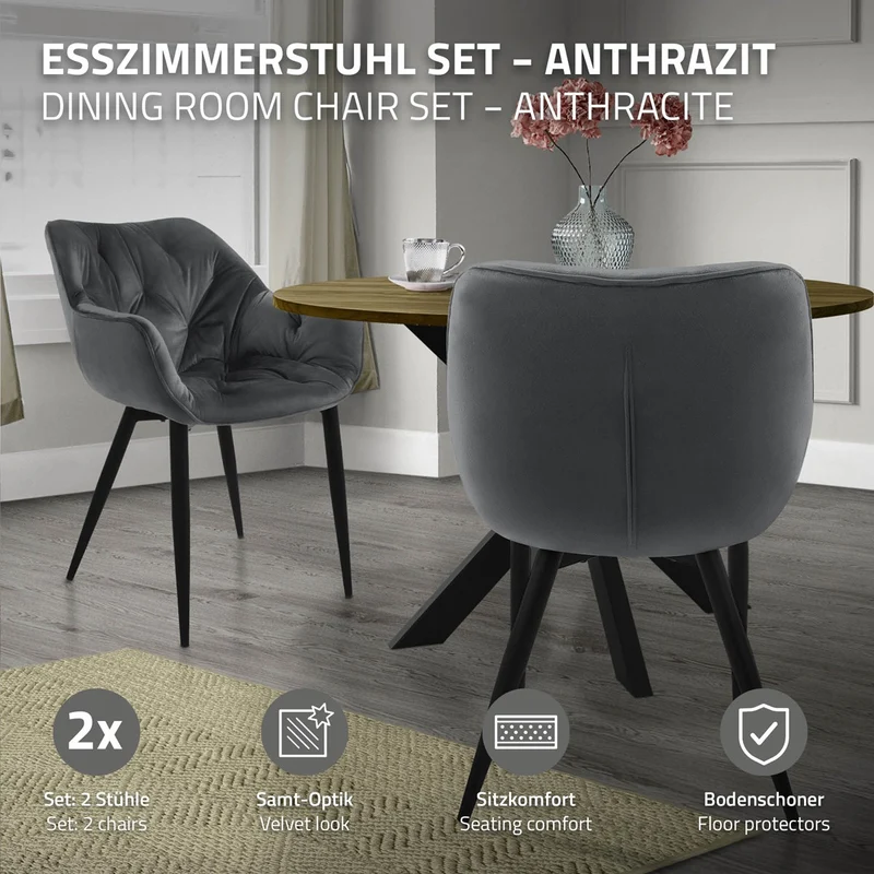B-Ware Esszimmerstuhl 2er Set mit Rücken- und Armlehnen Anthrazit Küchenstuhl mit Microfaser-Samtbezug ML-Design