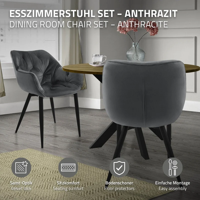 B-Ware Esszimmerstuhl 2er Set mit Rücken- und Armlehnen Anthrazit Küchenstuhl mit Microfaser-Samtbezug ML-Design