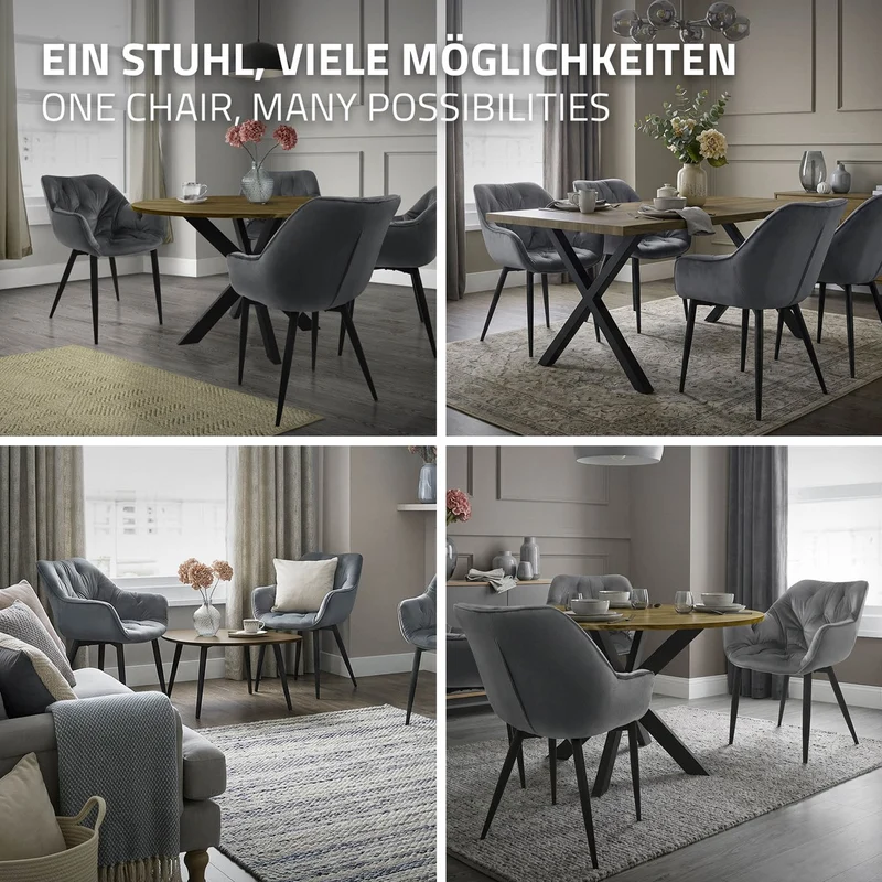 B-Ware Esszimmerstuhl 2er Set mit Rücken- und Armlehnen Anthrazit Küchenstuhl mit Microfaser-Samtbezug ML-Design