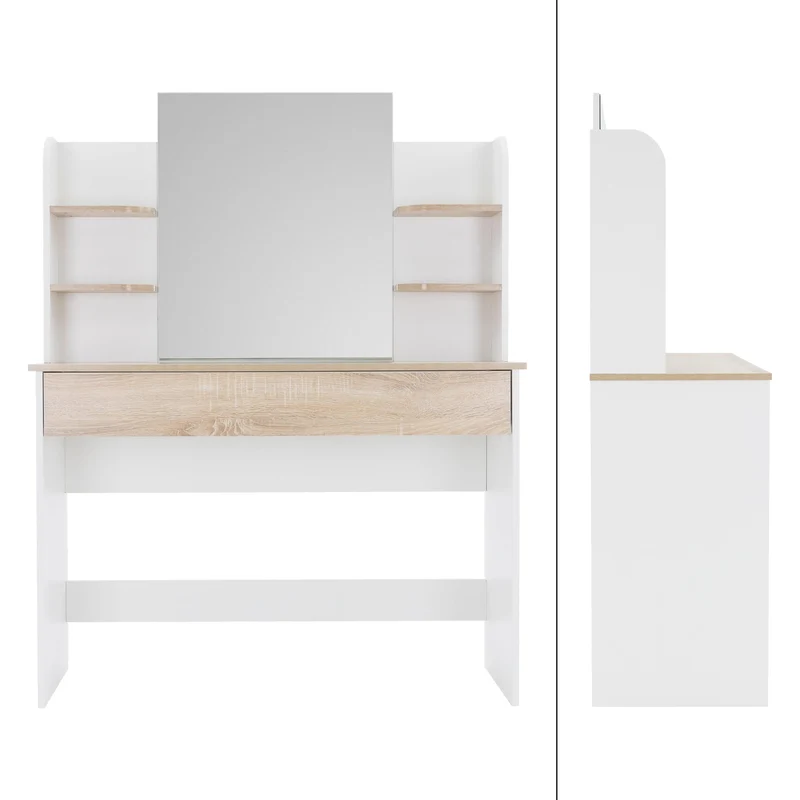 Schminktisch Frisiertisch 108x40x140 cm in Weiß/Natur mit Spiegel, Schublade und 6 Ablagen ML-Design