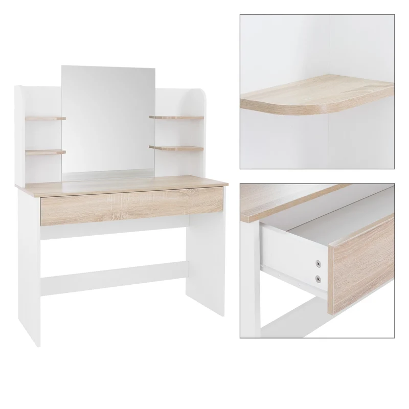 Schminktisch Frisiertisch 108x40x140 cm in Weiß/Natur mit Spiegel, Schublade und 6 Ablagen ML-Design