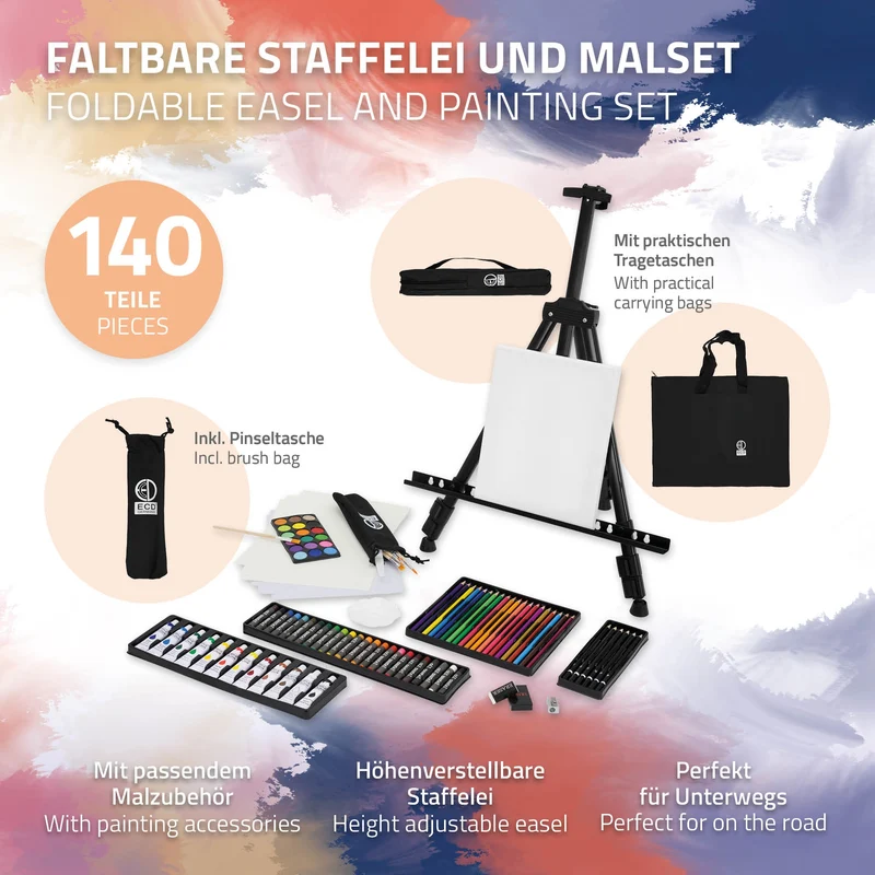 Premium Staffelei ausziehbar bis 156 cm mit Mal-Set 140 teilig
