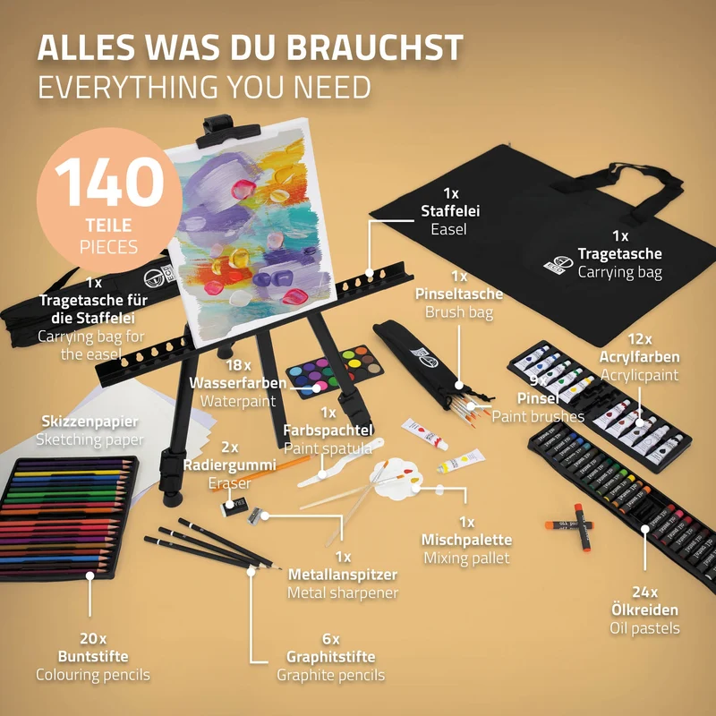 Premium Staffelei ausziehbar bis 156 cm mit Mal-Set 140 teilig