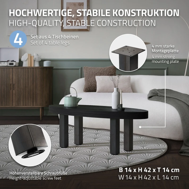 B-Ware 4er Set Tischbeine I-Design 42 cm Optik Industrial Stahl pulverbeschichtet eckig Profil 8x8 cm Höhenverstellbare Möbelfüße 1-4 cm ML-Design