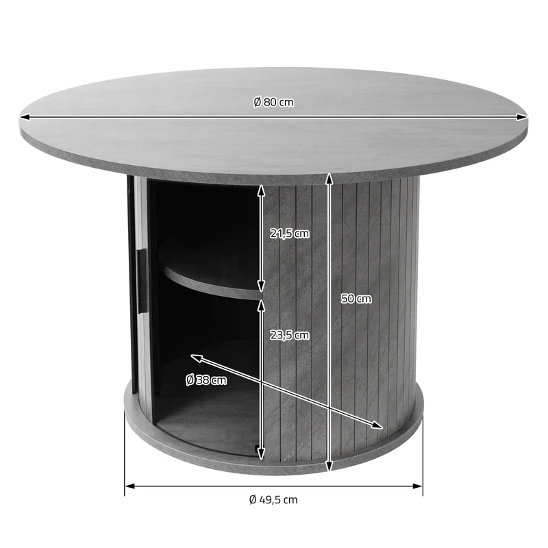 B-Ware Couchtisch mit Schiebetür Ø80x50 cm Beton-Optik Grau Runder Wohnzimmertisch mit Stauraum ML-Design
