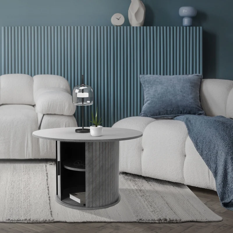 B-Ware Couchtisch mit Schiebetür Ø80x50 cm Beton-Optik Grau Runder Wohnzimmertisch mit Stauraum ML-Design