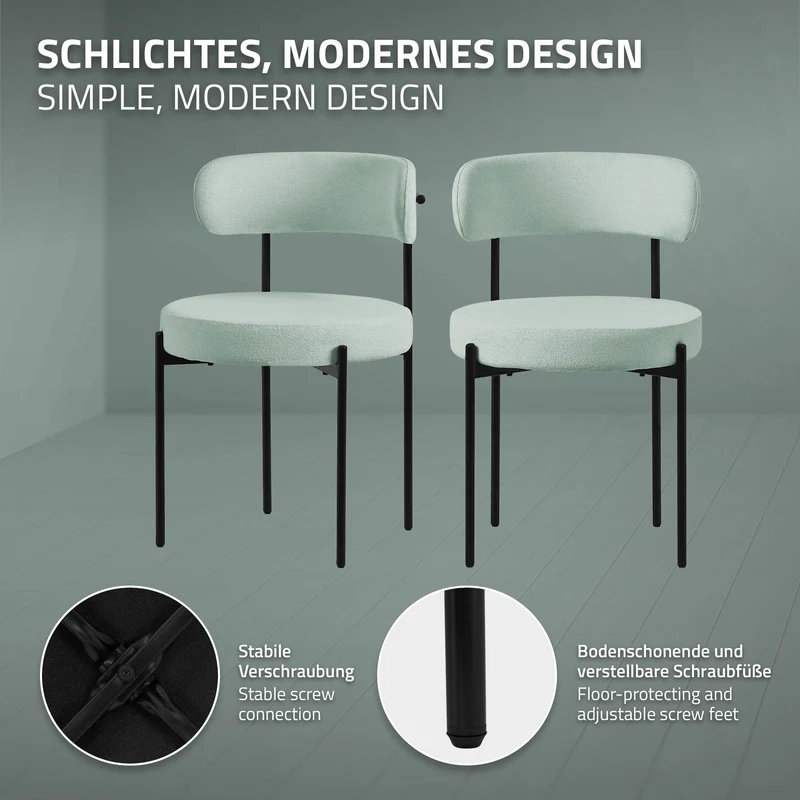 Esszimmerstuhl 2er Set mit Teddystoff mit Rückenlehne Grün Küchenstuhl ML-Design