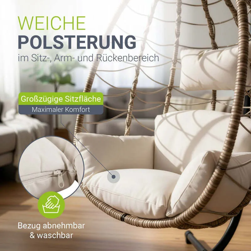 B-Ware Korbhängesessel Aria Hängesessel Relaxsessel mit Gestell Kissen Aufhängung Beige