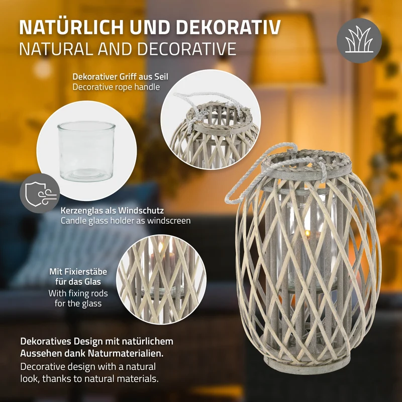 Riedlaterne mit Henkel 40x Ø26 cm Braun aus umweltfreundlichem Rattan