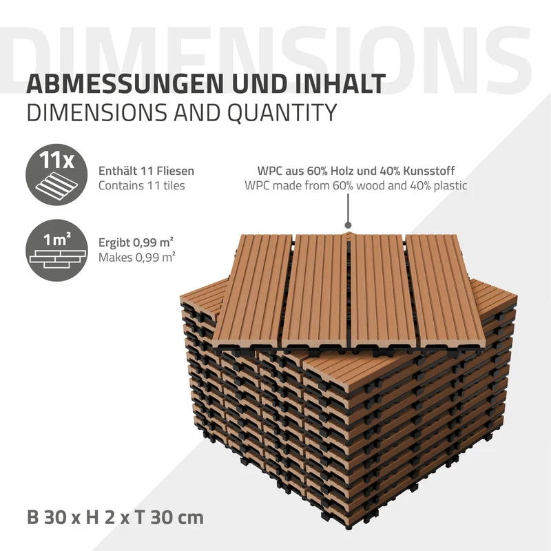 WPC Terrassenfliesen 30x30 cm 22er Set für 2m² Hellbraun in Holzoptik Balkon Bodenbelag mit Drainage und Klicksystem Terrassendielen Balkonfliesen