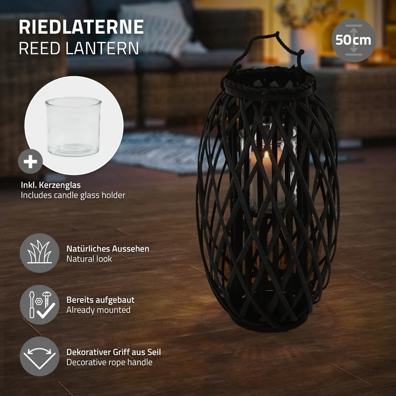 Riedlaterne mit Henkel 50x Ø28 cm Schwarz aus umweltfreundlichem Rattan