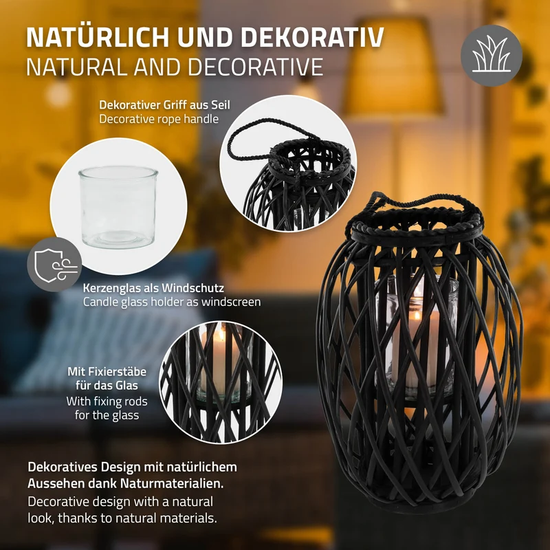 Riedlaterne mit Henkel 40x Ø26 cm Schwarz aus umweltfreundlichem Rattan