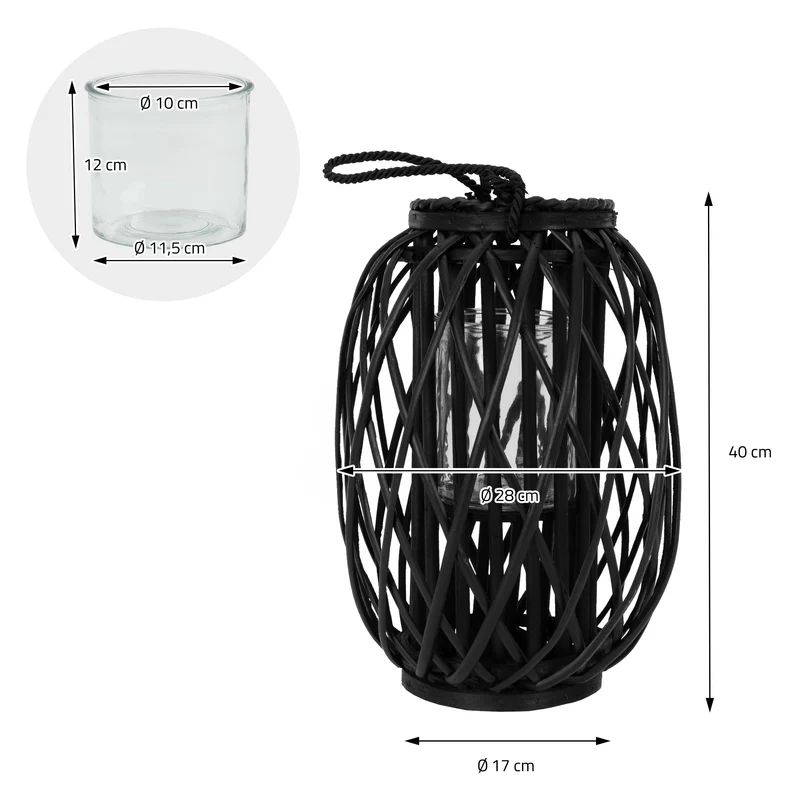 Riedlaterne mit Henkel 40x Ø26 cm Schwarz aus umweltfreundlichem Rattan