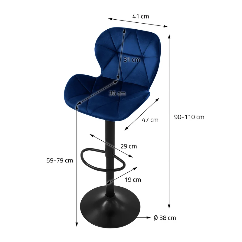 B-Ware Barhocker 2er Set Blau Samtbezug mit Rückenlehne und Fußstütze höhenverstellbar 59-79cm ML-Design
