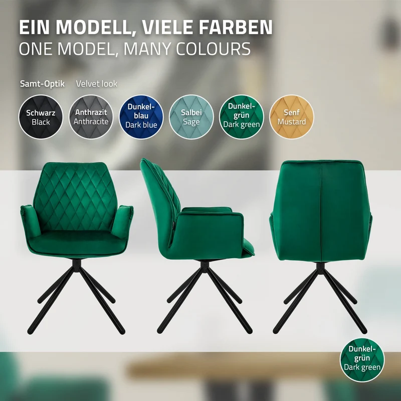 B-Ware Esszimmerstuhl drehbar mit Rücken- und Armlehnen Dunkelgrün Küchenstuhl mit Microfaser-Samtbezug ML-Design