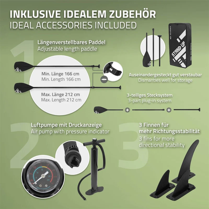 Stand Up Paddle aufblasbares SUP Board 308x78x10 cm in Olive aus PVC inkl. Pumpe und Tragetasche