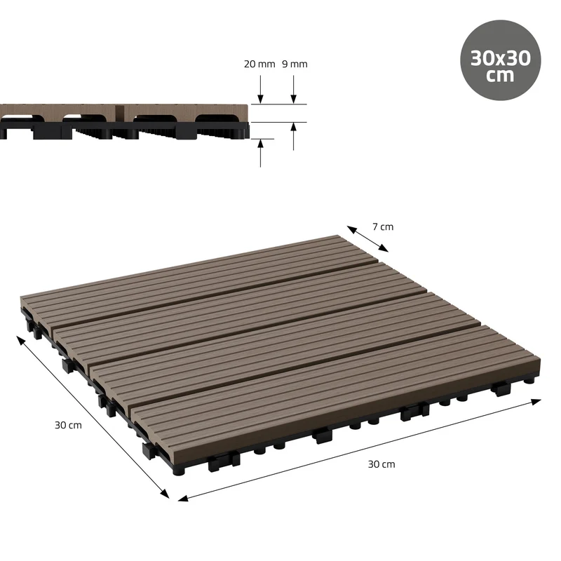 WPC Terrassenfliesen 30x30 cm 22er Set für 2m² Dunkelbraun in Holzoptik Balkon Bodenbelag mit Drainage und Klicksystem Terrassendielen Balkonfliesen