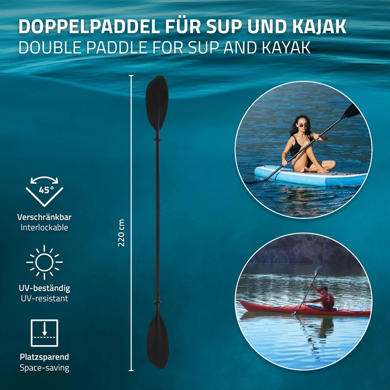 Doppelpaddel für SUP Kajak 4-tlg Schwarz aus Aluminium Paddel für Stand UP Paddle Board