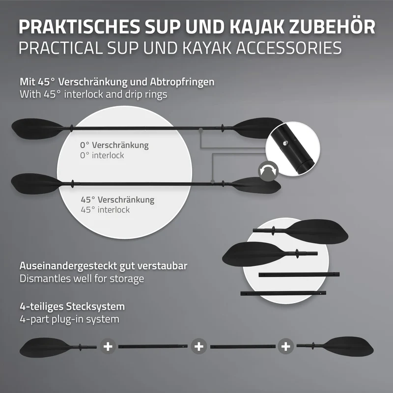 Doppelpaddel für SUP Kajak 4-tlg Schwarz aus Aluminium Paddel für Stand UP Paddle Board