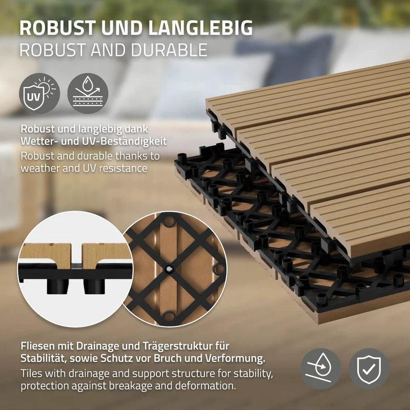 2m² 22 Stück WPC Terrassenfliesen 30x30 cm Teak in Holzoptik Balkon Bodenbelag mit Drainage und Klicksystem Terrassendielen Balkonfliesen