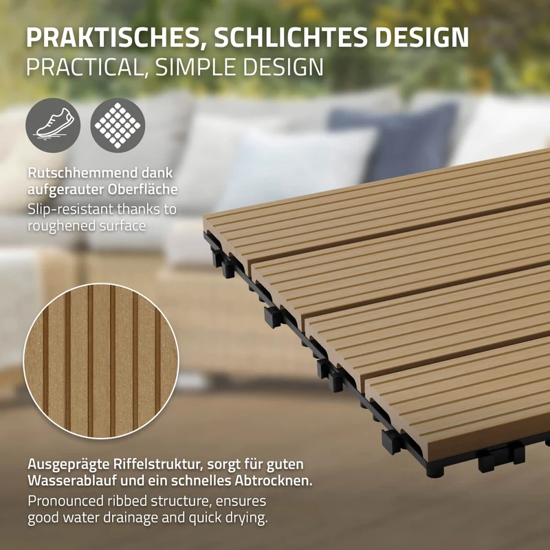 2m² 22 Stück WPC Terrassenfliesen 30x30 cm Teak in Holzoptik Balkon Bodenbelag mit Drainage und Klicksystem Terrassendielen Balkonfliesen
