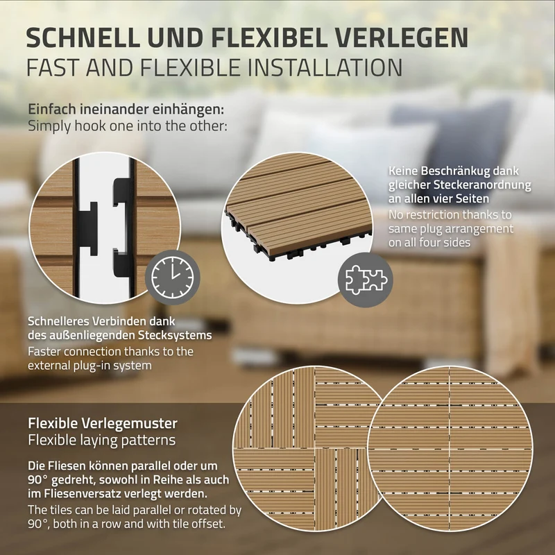 2m² 22 Stück WPC Terrassenfliesen 30x30 cm Teak in Holzoptik Balkon Bodenbelag mit Drainage und Klicksystem Terrassendielen Balkonfliesen